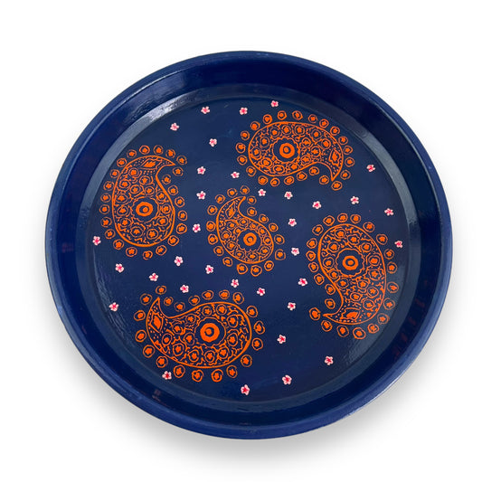 Blue metal tray with orange pattern