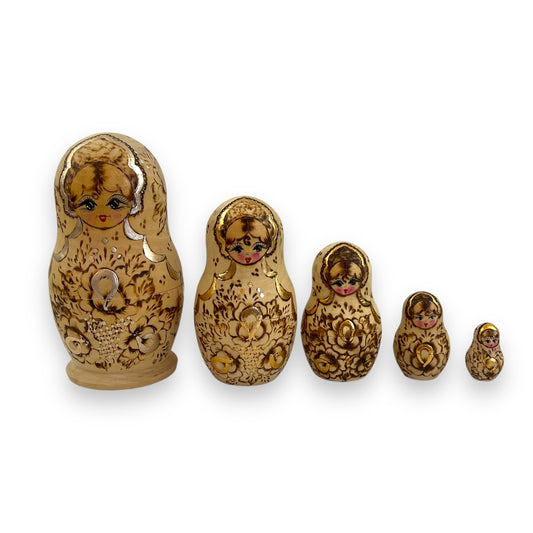 Russian Matryoshka Nesting Dolls Set of 5 - Hand-Painted Gold and Brown Floral Design