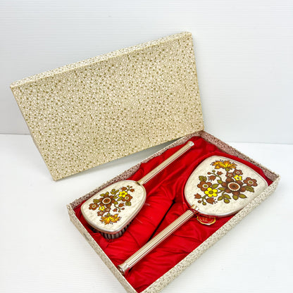 Vintage Brush & Mirror Vanity Set in Gift Box with retro flower pattern - Made in England