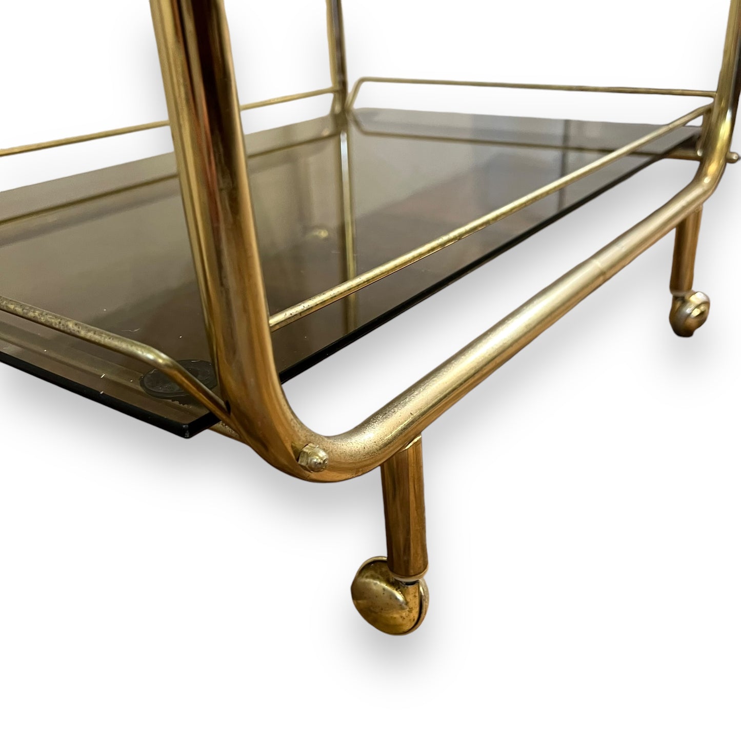 Brass two tier bar dart trolley with Smokey glass shelves