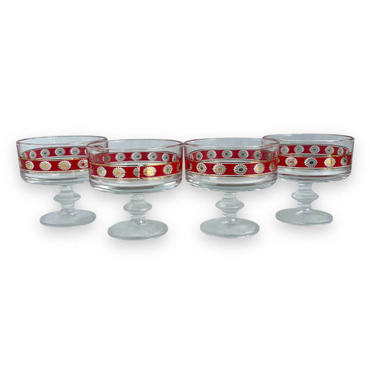 Red & Gold Patterned clear glass footed dessert dish set of 4