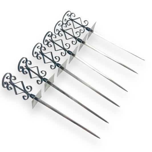 Black ornate handle retro fondue fork spikes set of 6 - made in Japan