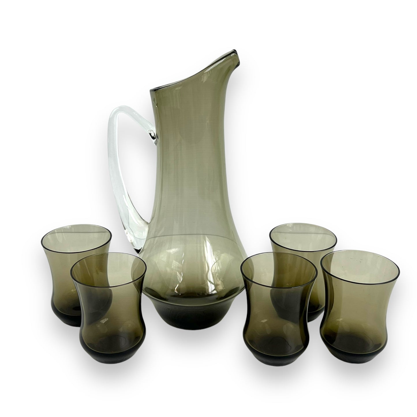 Smokey black glass carafe jug with 5 matching small glasses