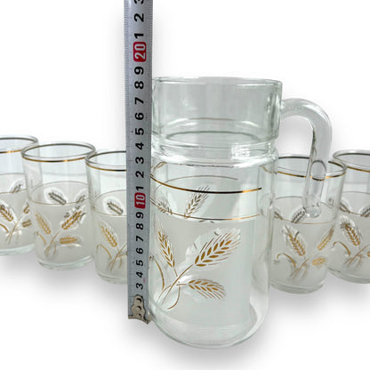 Gold wheat pattern glass jug & 6 matching glasses