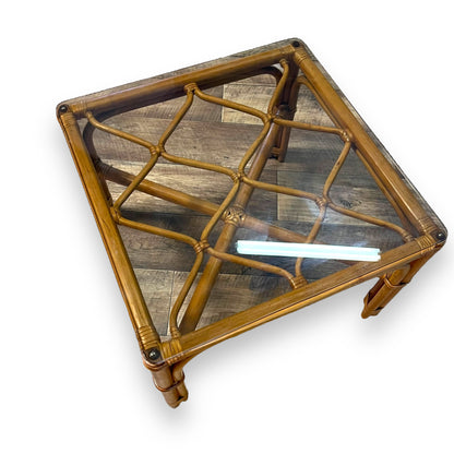 Cane square table with glass top