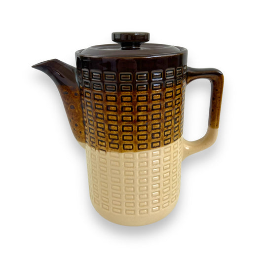 brown rectangle patterned tri colour brown teapot