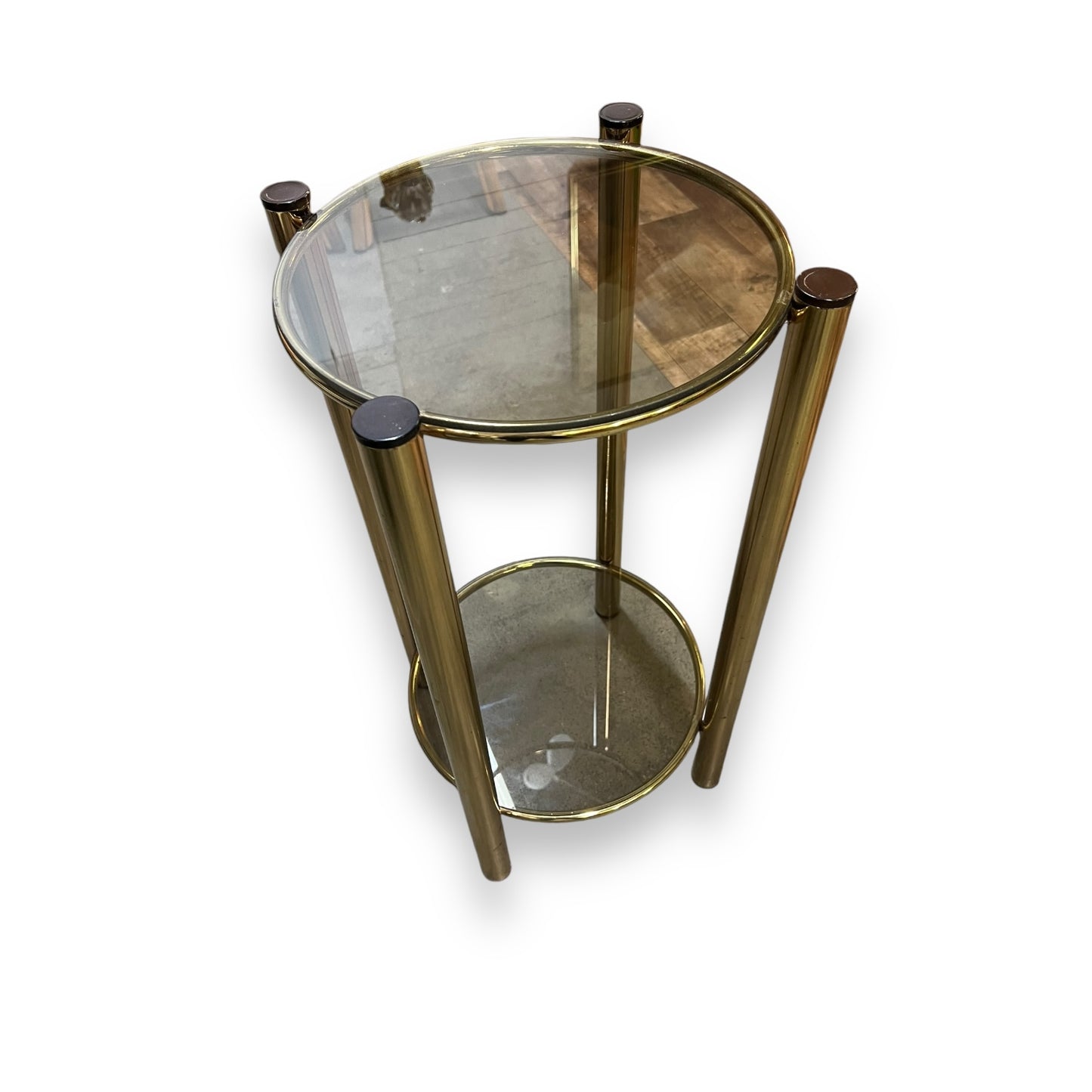 Brass Round Two Tier Stand with Smokey glass shelves