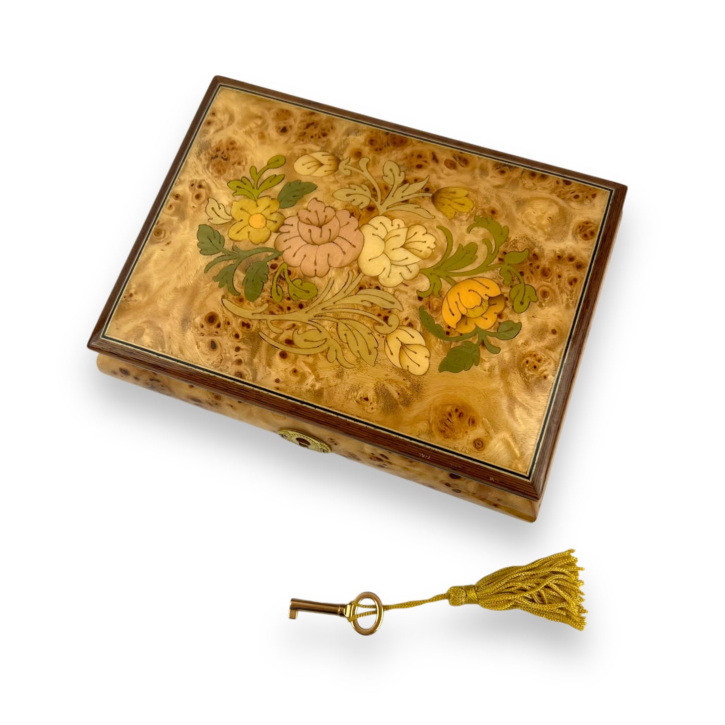 Handcrafted Wooden Maple Burl Musical Jewellery Box with Marquetry Inlay