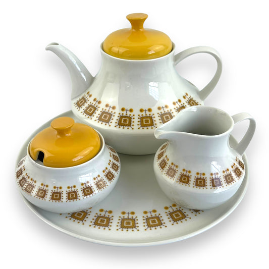 Constantia RSA Yellow Patterned Teapot, Sugar Bowl, creamer and plate set