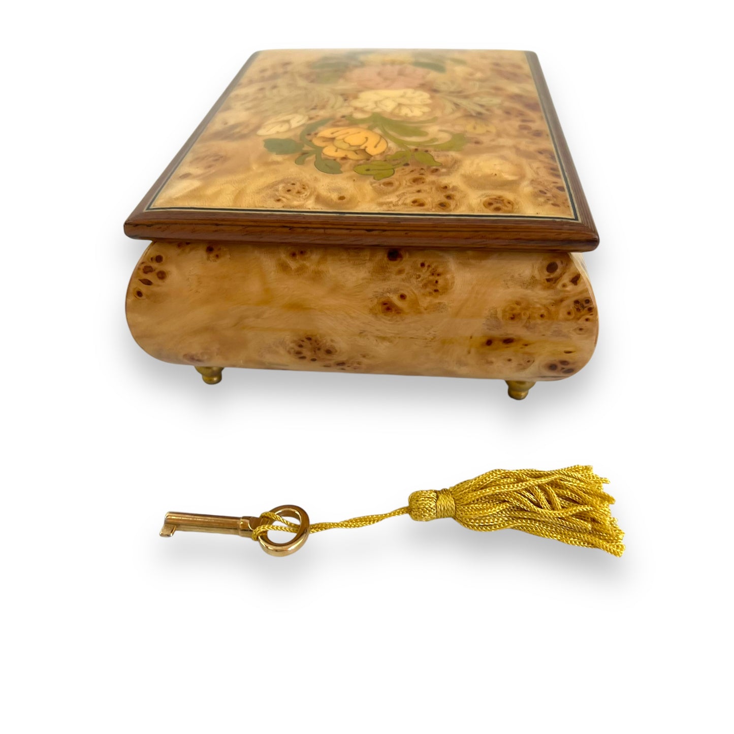 Handcrafted Wooden Maple Burl Musical Jewellery Box with Marquetry Inlay