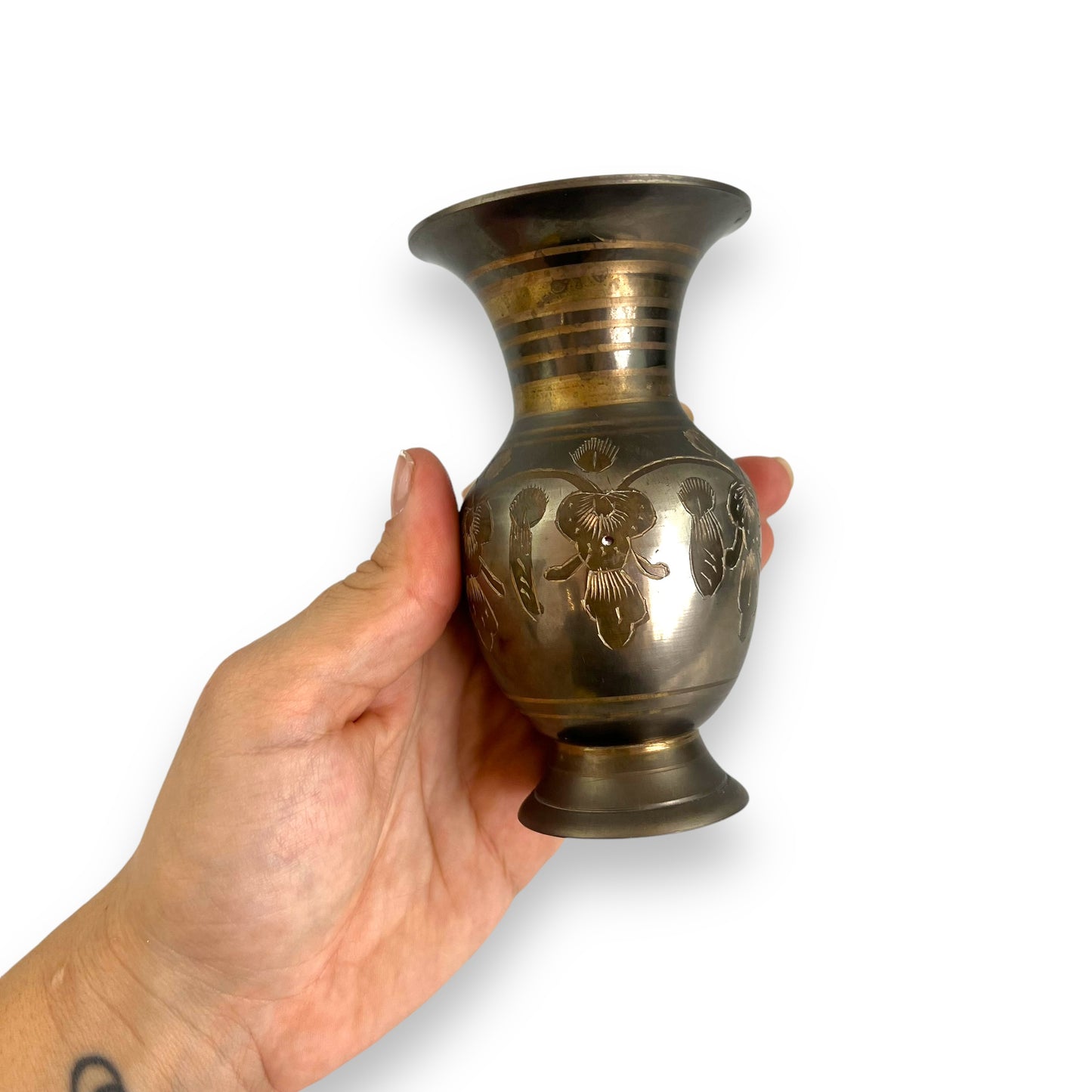 Brass flower etched design vase