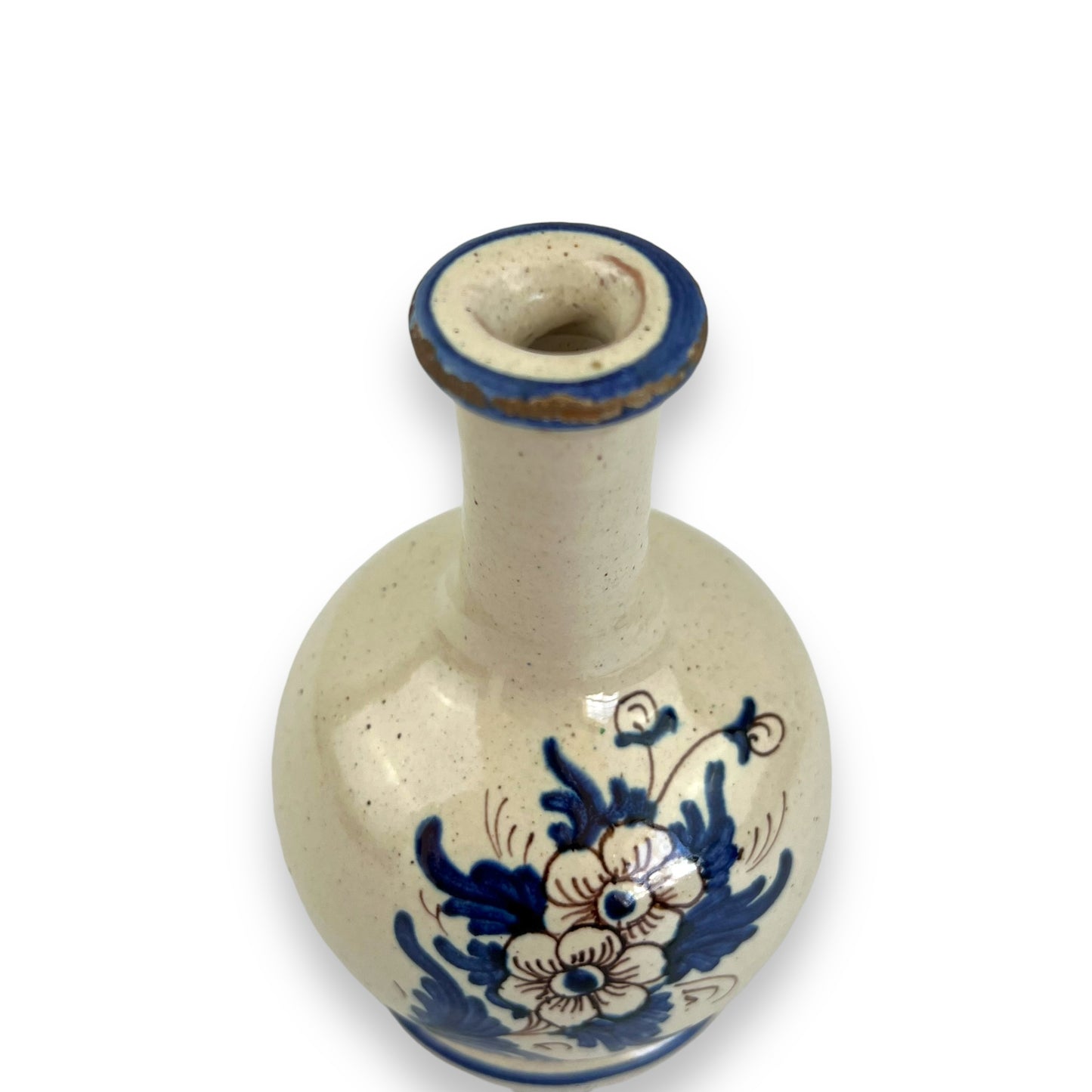 Vintage White Terracotta Soliflore Vase with Blue Floral Design