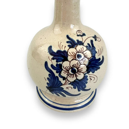 Vintage White Terracotta Soliflore Vase with Blue Floral Design