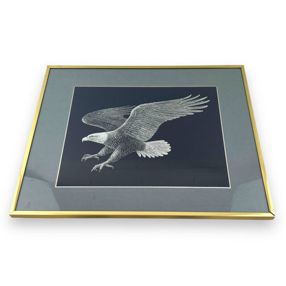 Silver Eagle on Blue Background in Brass Frame - Paul Breeden