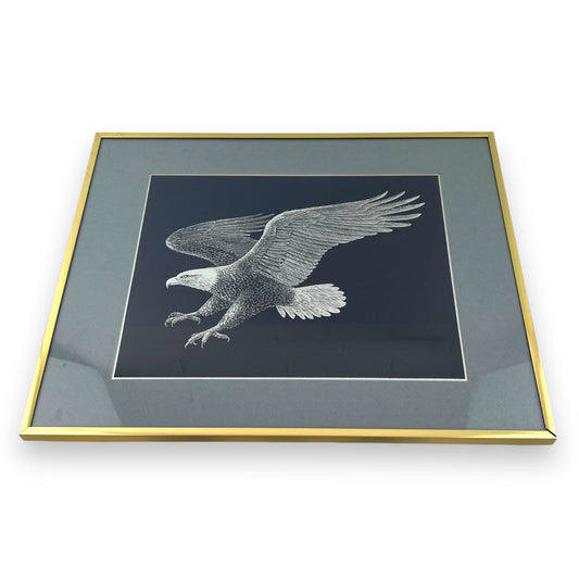 Silver Eagle on Blue Background in Brass Frame - Paul Breeden