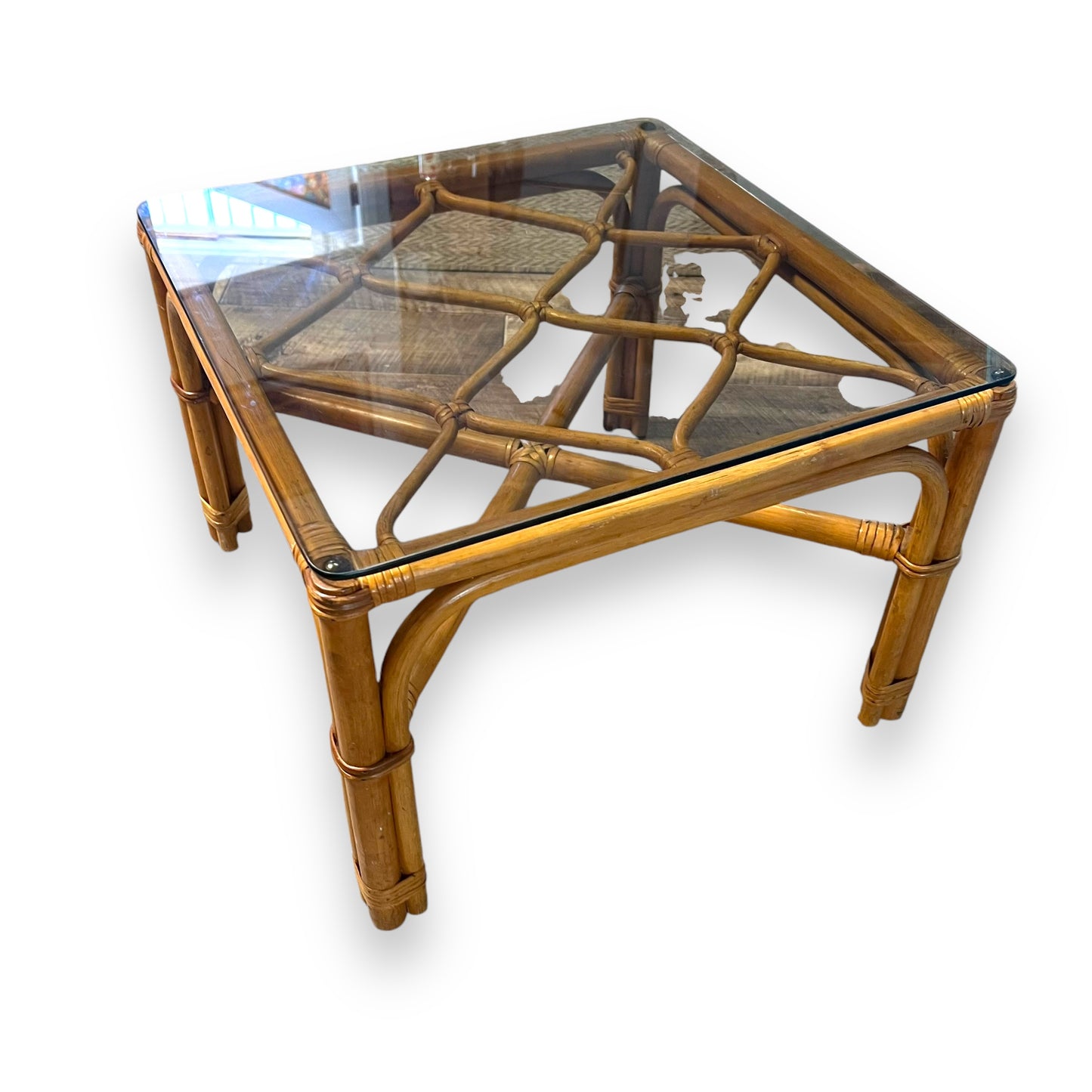 Cane square table with glass top