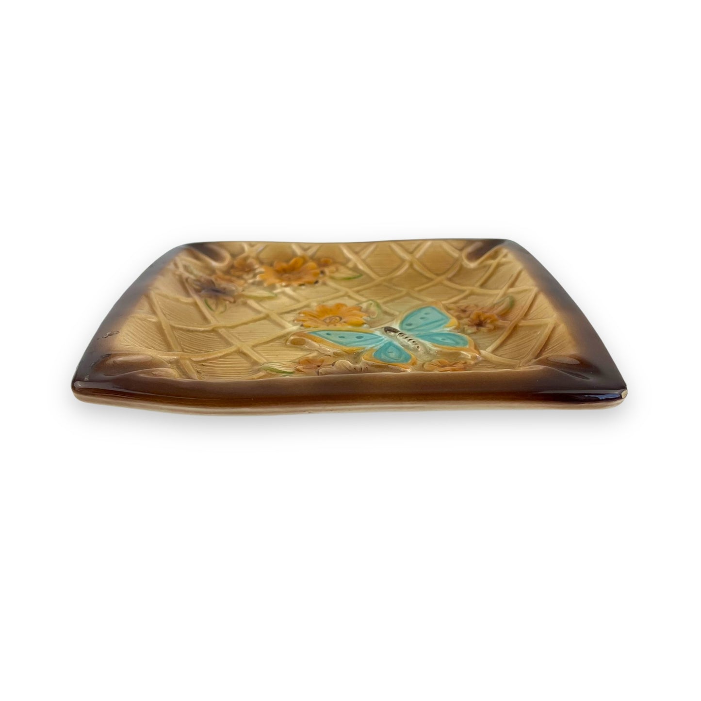 Brown Ashtray with Blue Butterfly