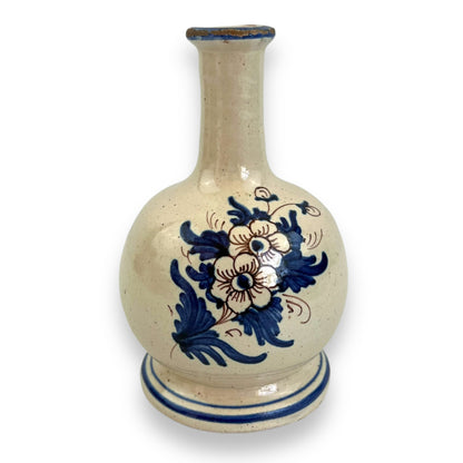 Vintage White Terracotta Soliflore Vase with Blue Floral Design