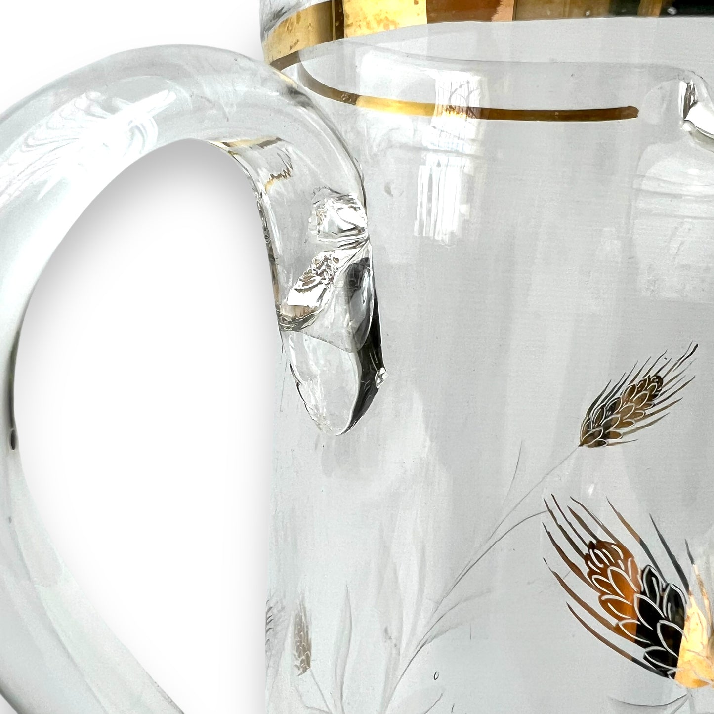 Large clear glass jug with gold wheat design