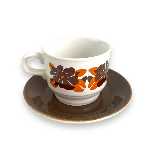 Staffordshire Potteries Orange & Brown Pattern cup and saucer set