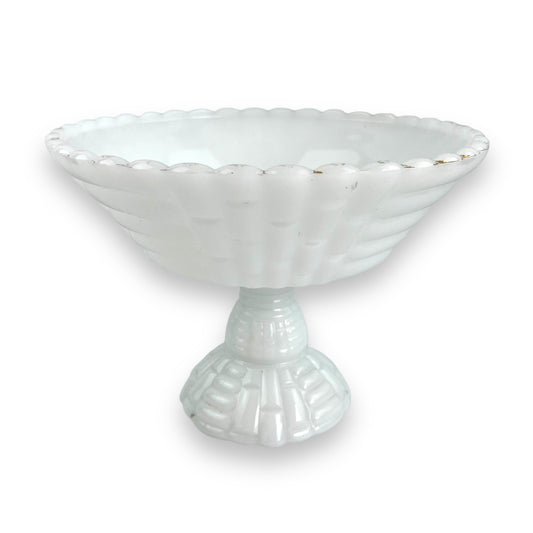 Milk Glass Basketweave Pedestal Bowl w/ Floral Etching Inside