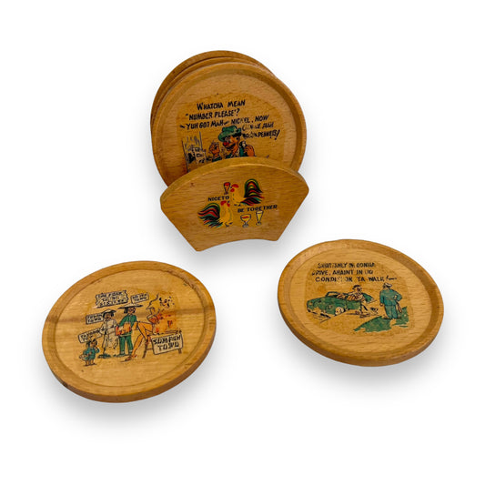 Vintage Wooden Novelty drink coaster set in holder