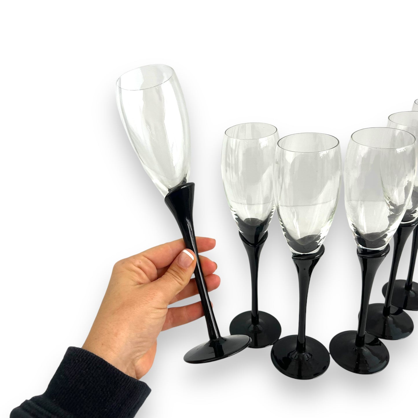 Black tulip stem champagne glass flutes set of 6