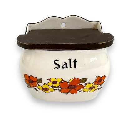 Salt Storage Container Wood lid orange and yellow flowers