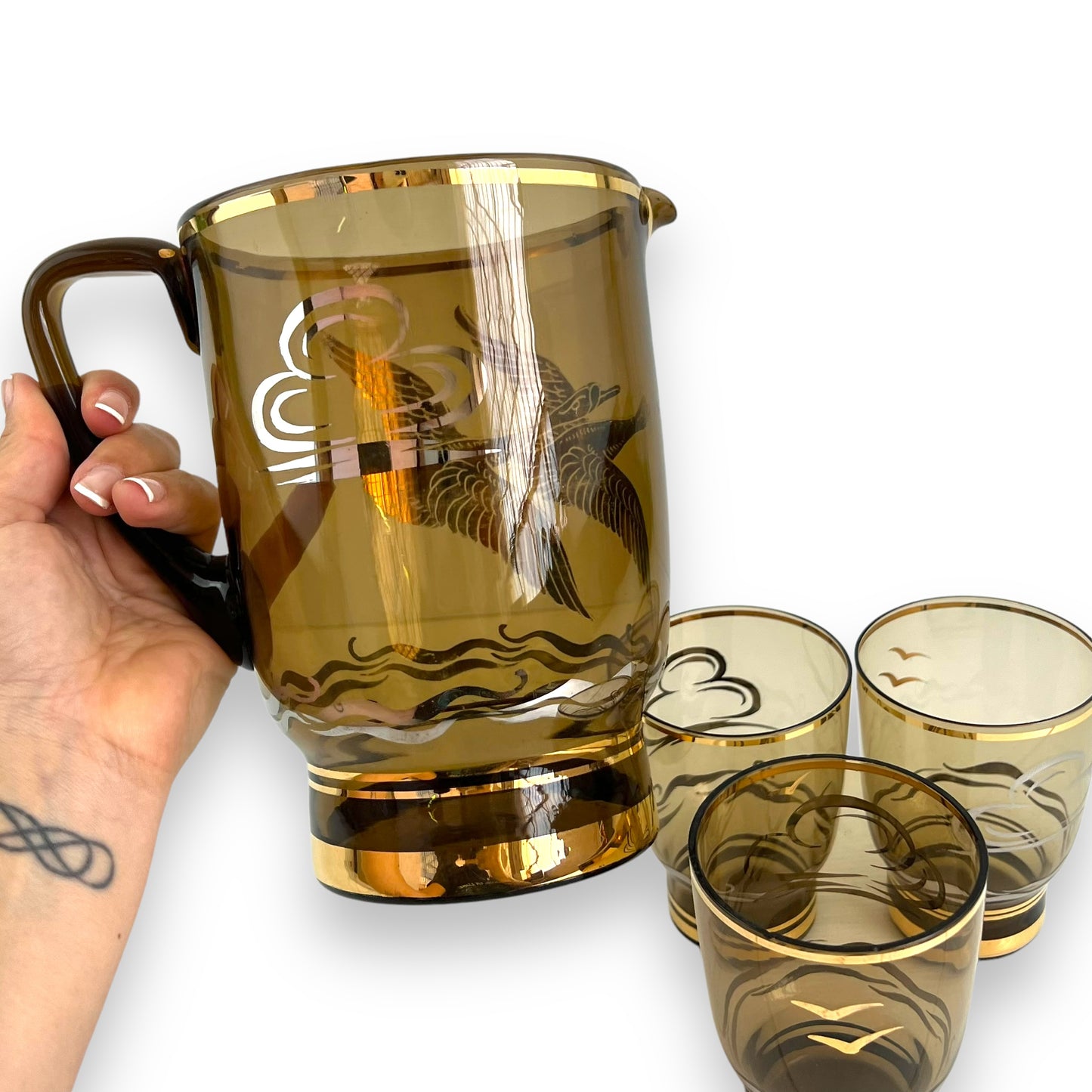 Smokey Black Glass Jug with gold flying birds and 3 glasses