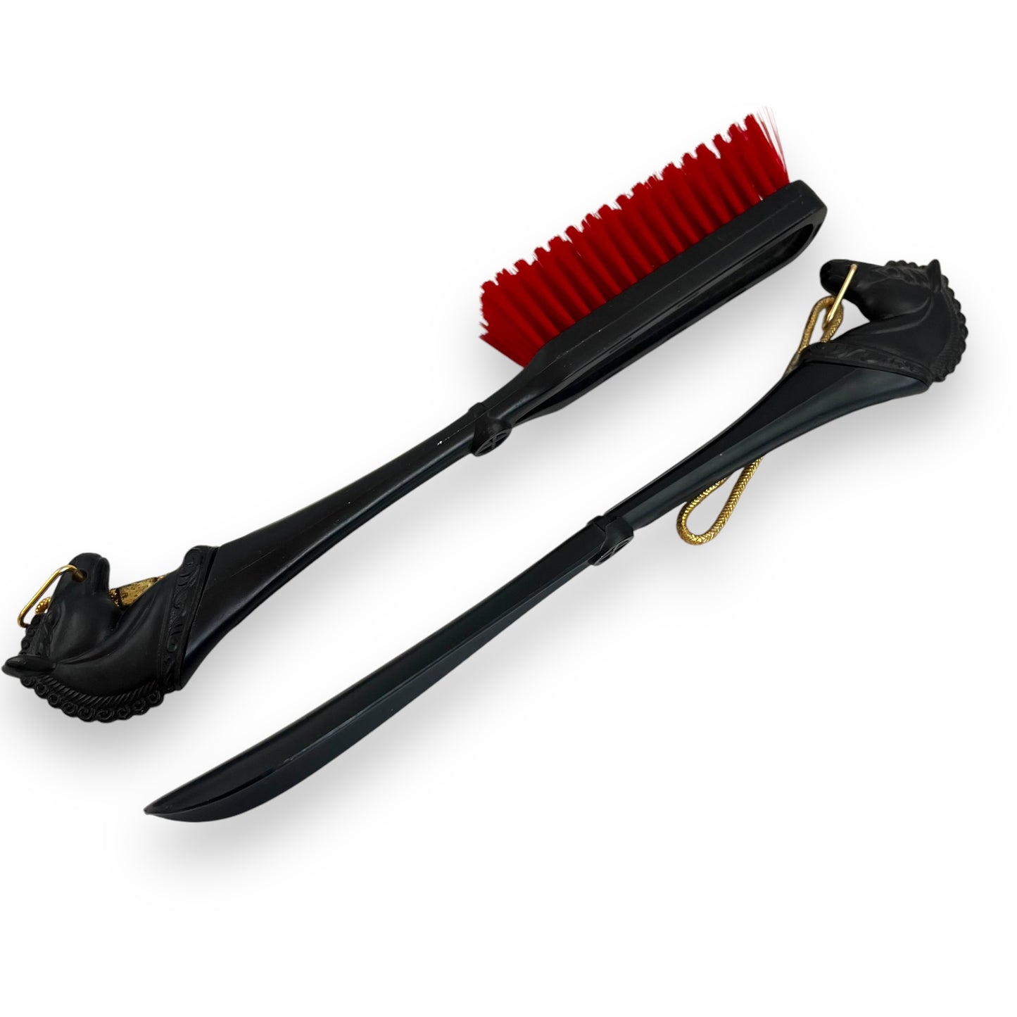 Horse Head Shoe Horn and Brush Set, Black, Red & Gold Plastic Hanging Set - Made in Hong Kong