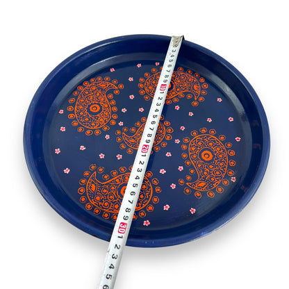 Blue metal tray with orange pattern