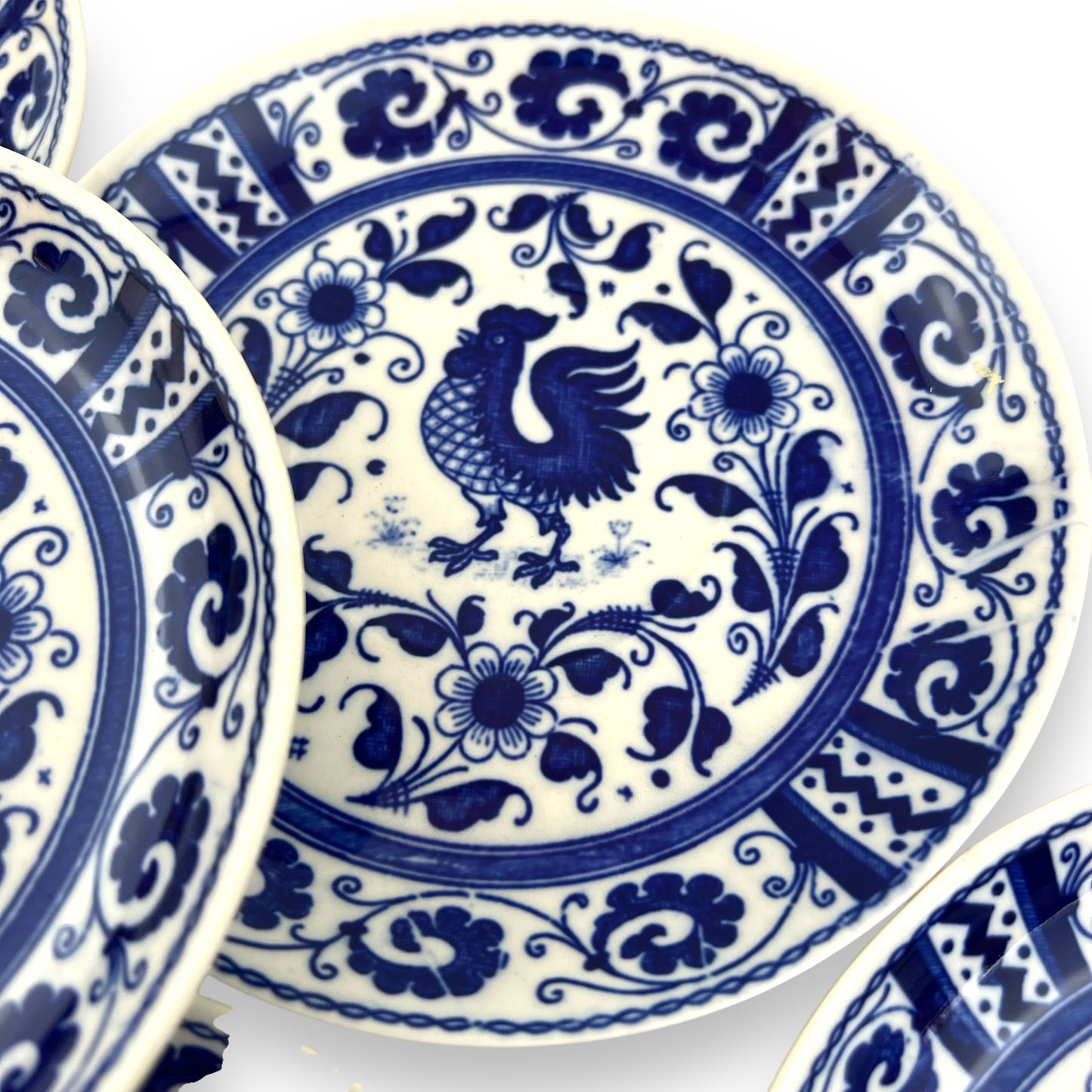 Blue Rooster Flower Pattern Plate Set of 7