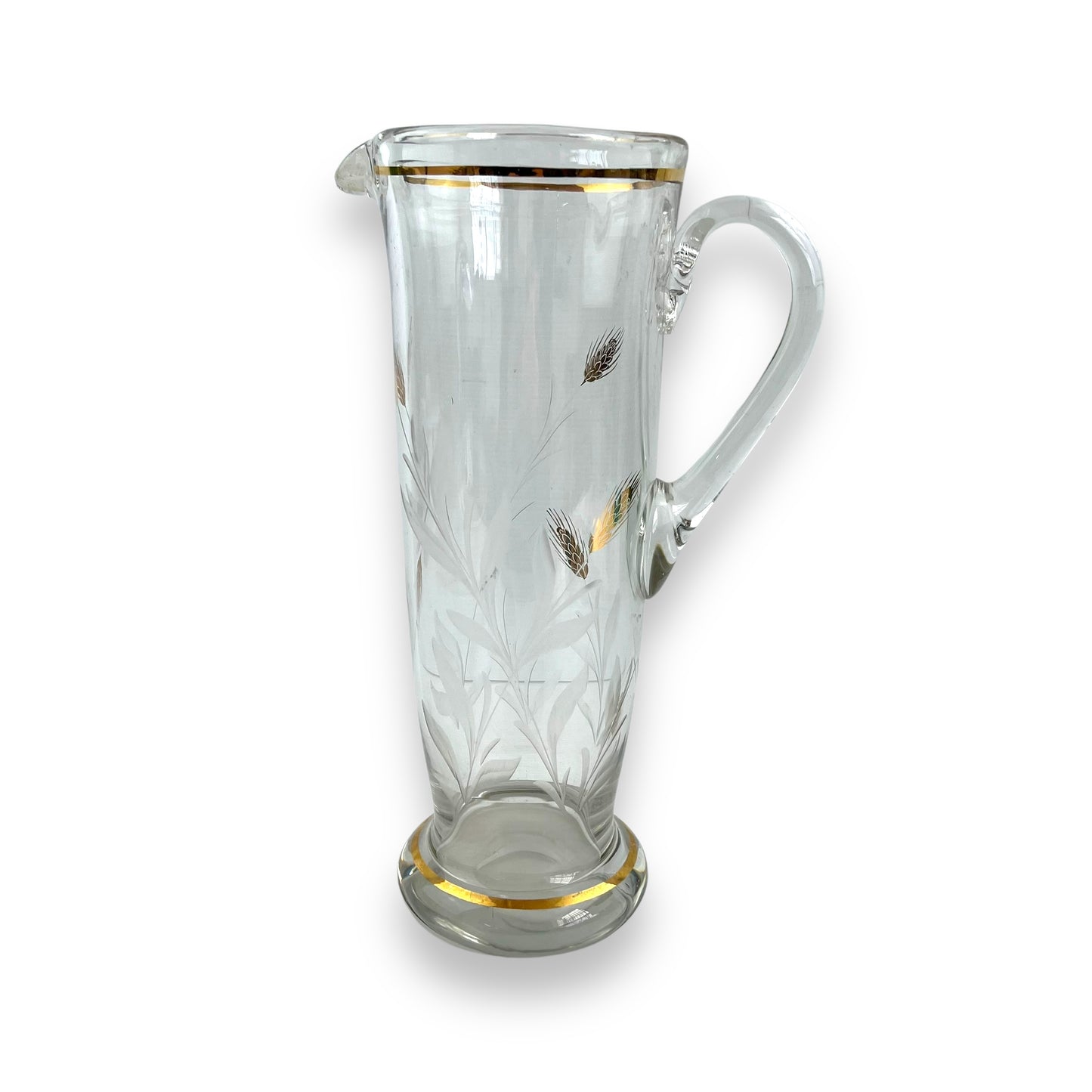 Large clear glass jug with gold wheat design