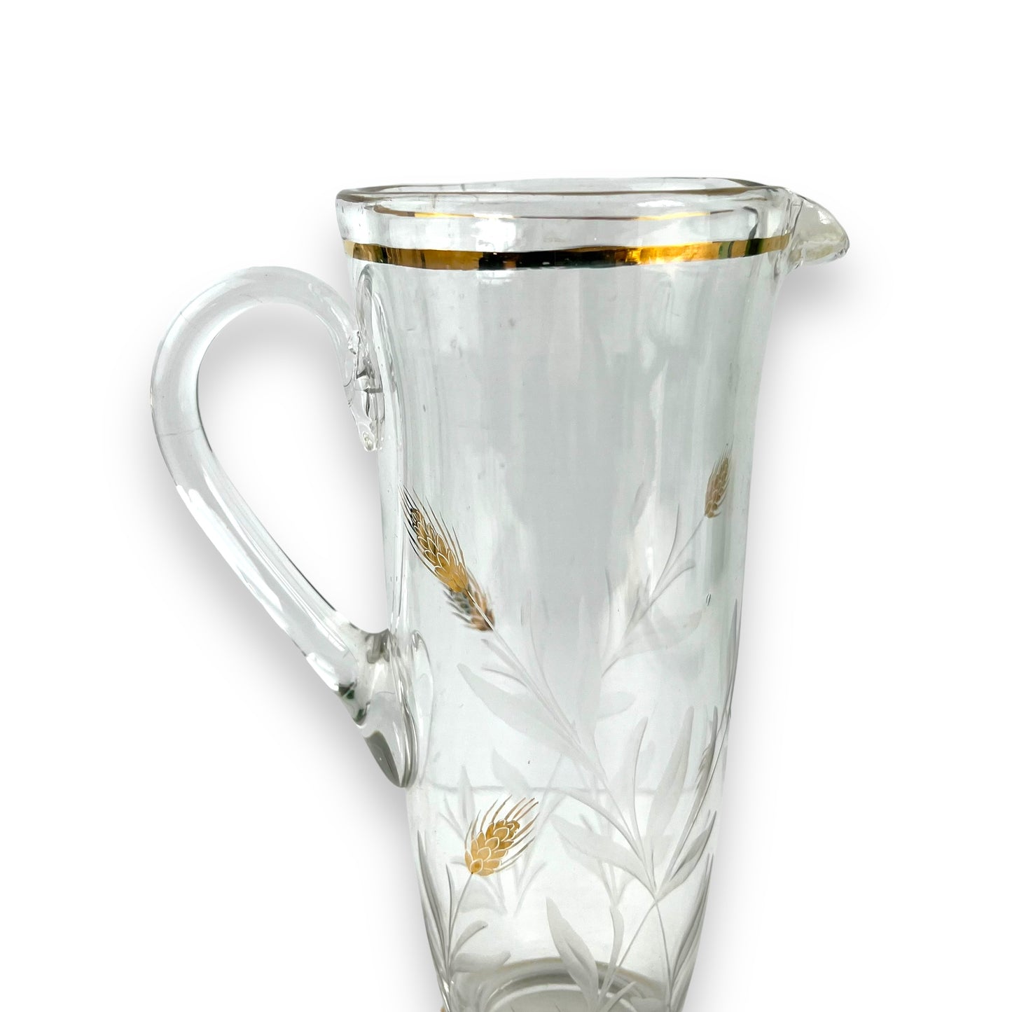 Large clear glass jug with gold wheat design