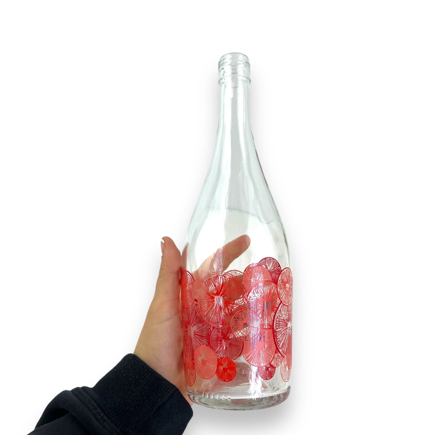 Red citrus pattern glass bottle