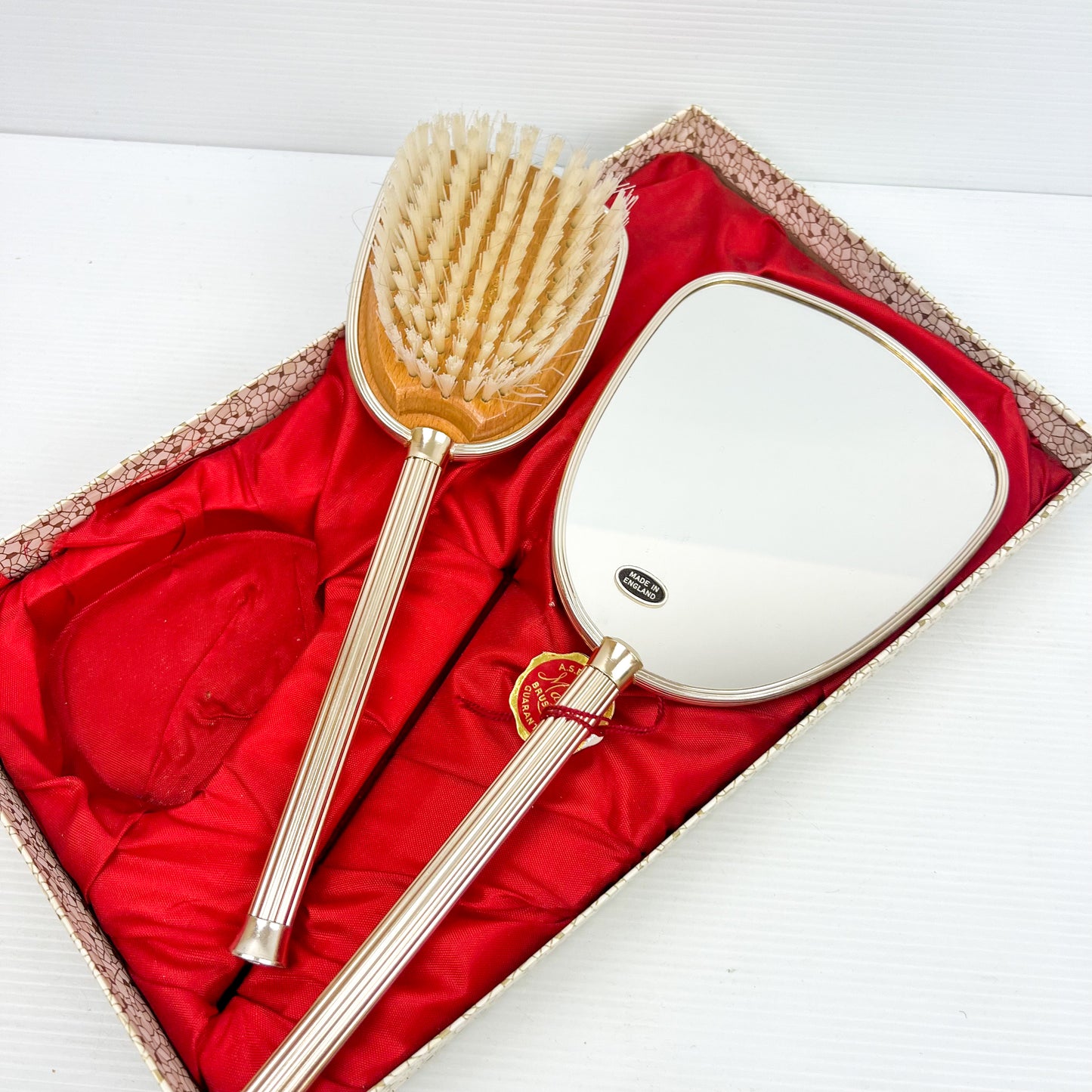 Vintage Brush & Mirror Vanity Set in Gift Box with retro flower pattern - Made in England