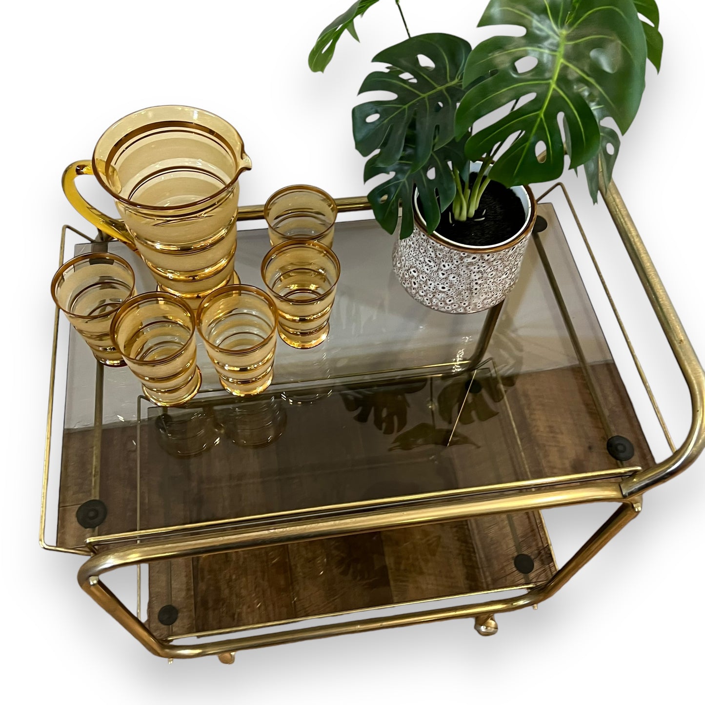 Brass two tier bar dart trolley with Smokey glass shelves