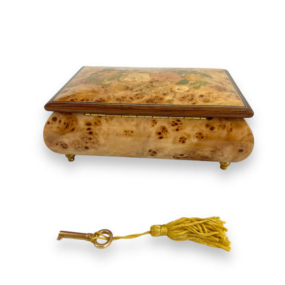 Handcrafted Wooden Maple Burl Musical Jewellery Box with Marquetry Inlay