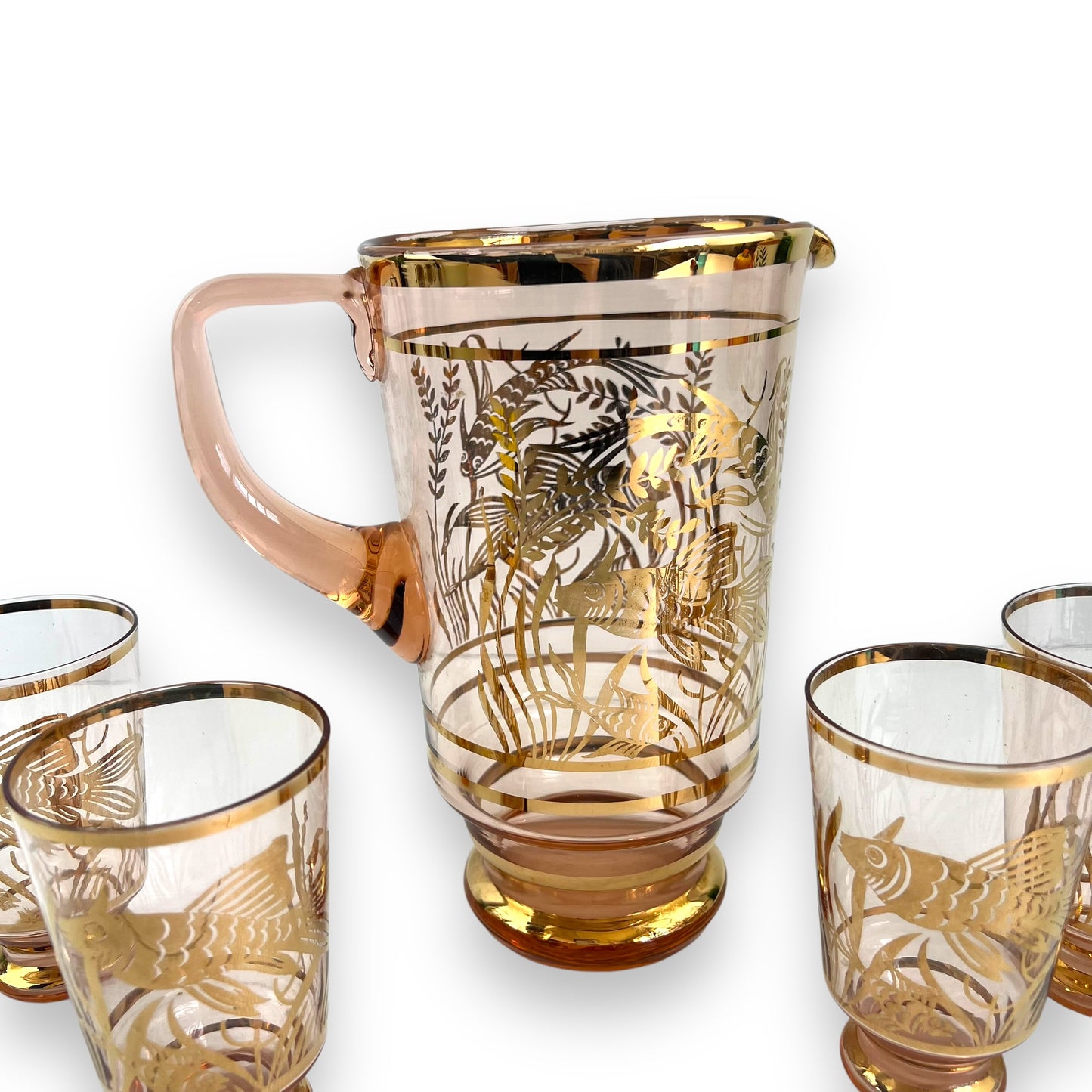 Pink & Gold Fish pitcher jug and glass set