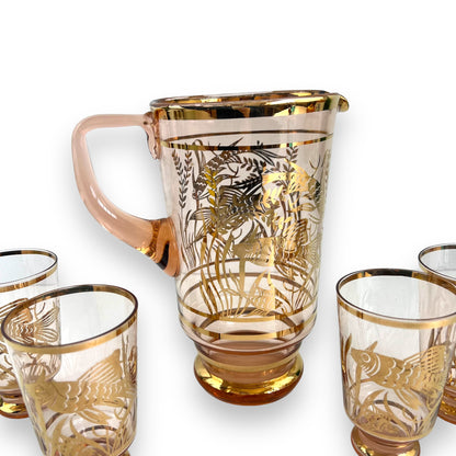 Pink & Gold Fish pitcher jug and glass set