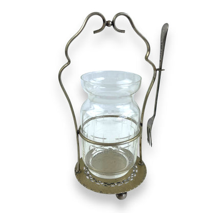 Glass pickle jar with Silver Plated stand & fork