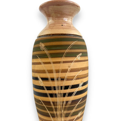 Striped pottery vase with grass etched design