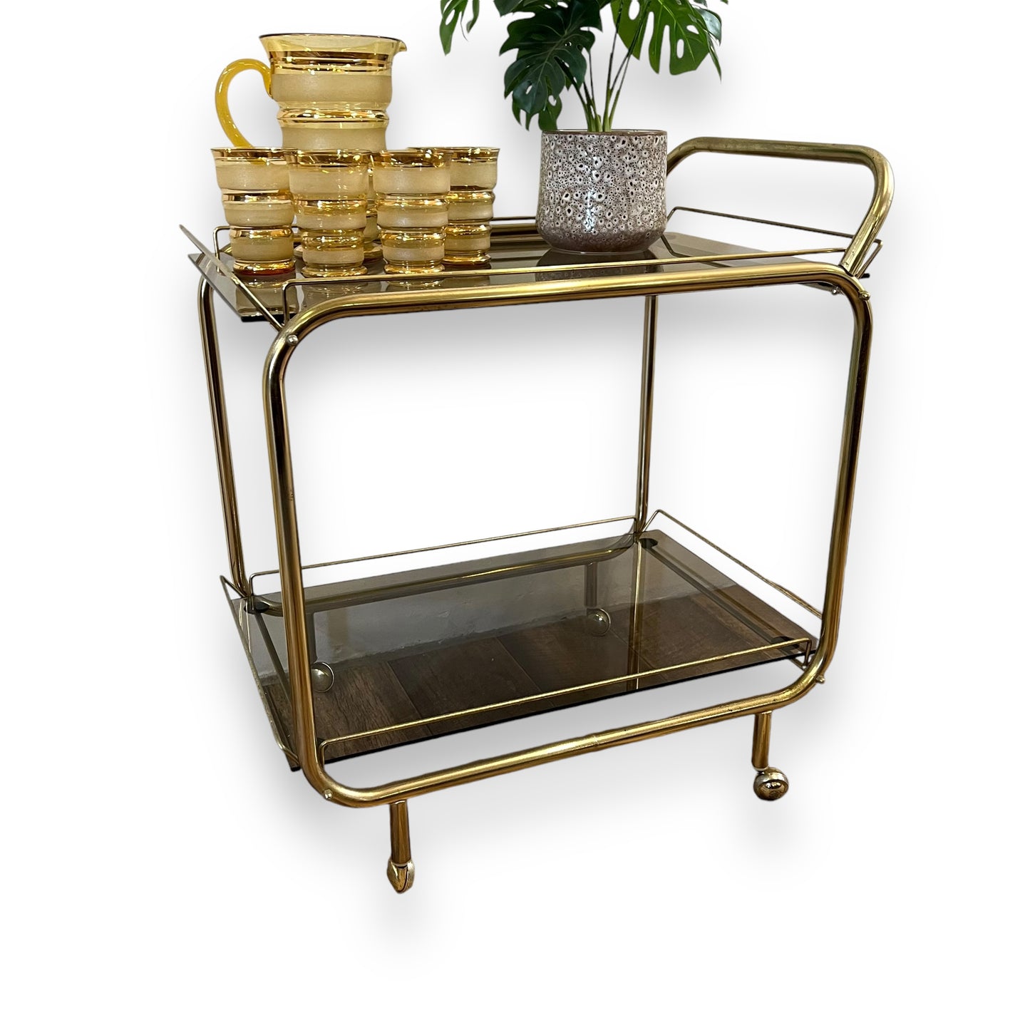 Brass two tier bar dart trolley with Smokey glass shelves