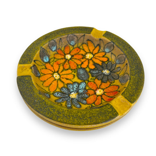 Bitossi Yellow Ashtray with Colorful Flower Design - Made in Italy