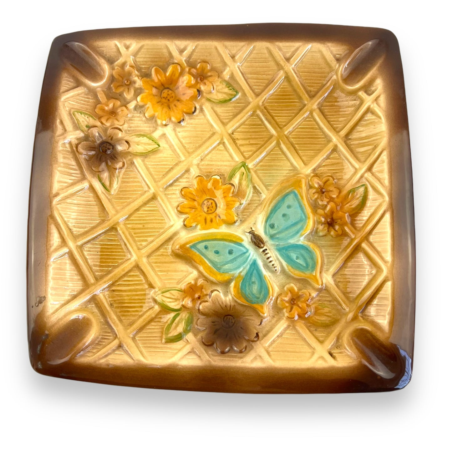 Brown Ashtray with Blue Butterfly