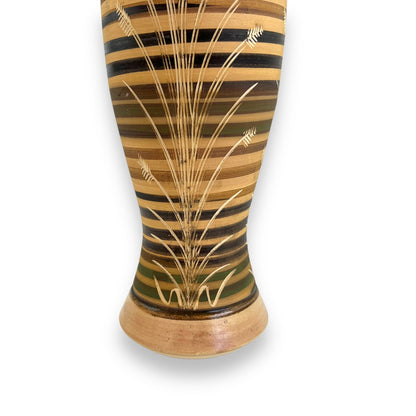 Striped pottery vase with grass etched design