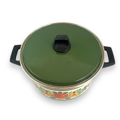 Enamel Double Handle Saucepan Orange Yellow Flowers Pot with green lid