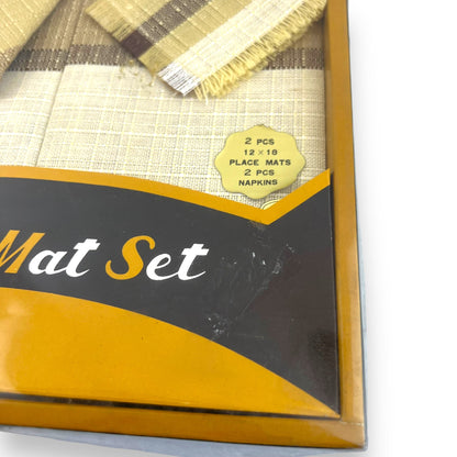 Vintage Mitake Table Place Mat and Napkin Set - Beige, Brown, and White Pattern - Made in Japan - Unused in Original Box