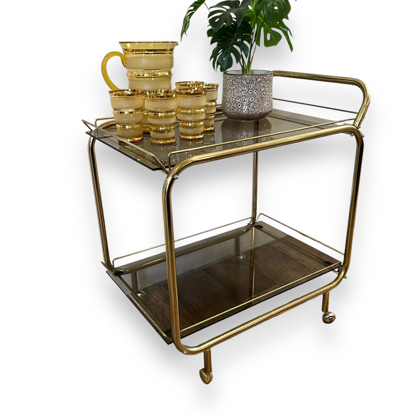 Brass two tier bar dart trolley with Smokey glass shelves