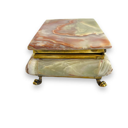 Vintage Onyx Stone Gold Footed Jewellery Box with red lining